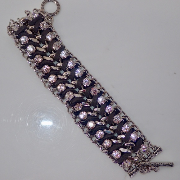 Vtg Black Leather Rhinestone Wide Silver Tone Necklace Bracelet Matching Set - Picture 11 of 12